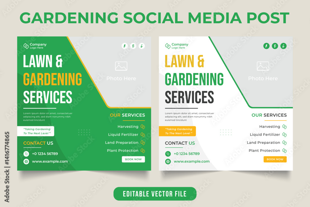 Obraz premium Lawn and gardening service promotional social media post with a photo placeholder. Agro and gardening service flyer design with green and yellow colors. Landscaping business template with discount.