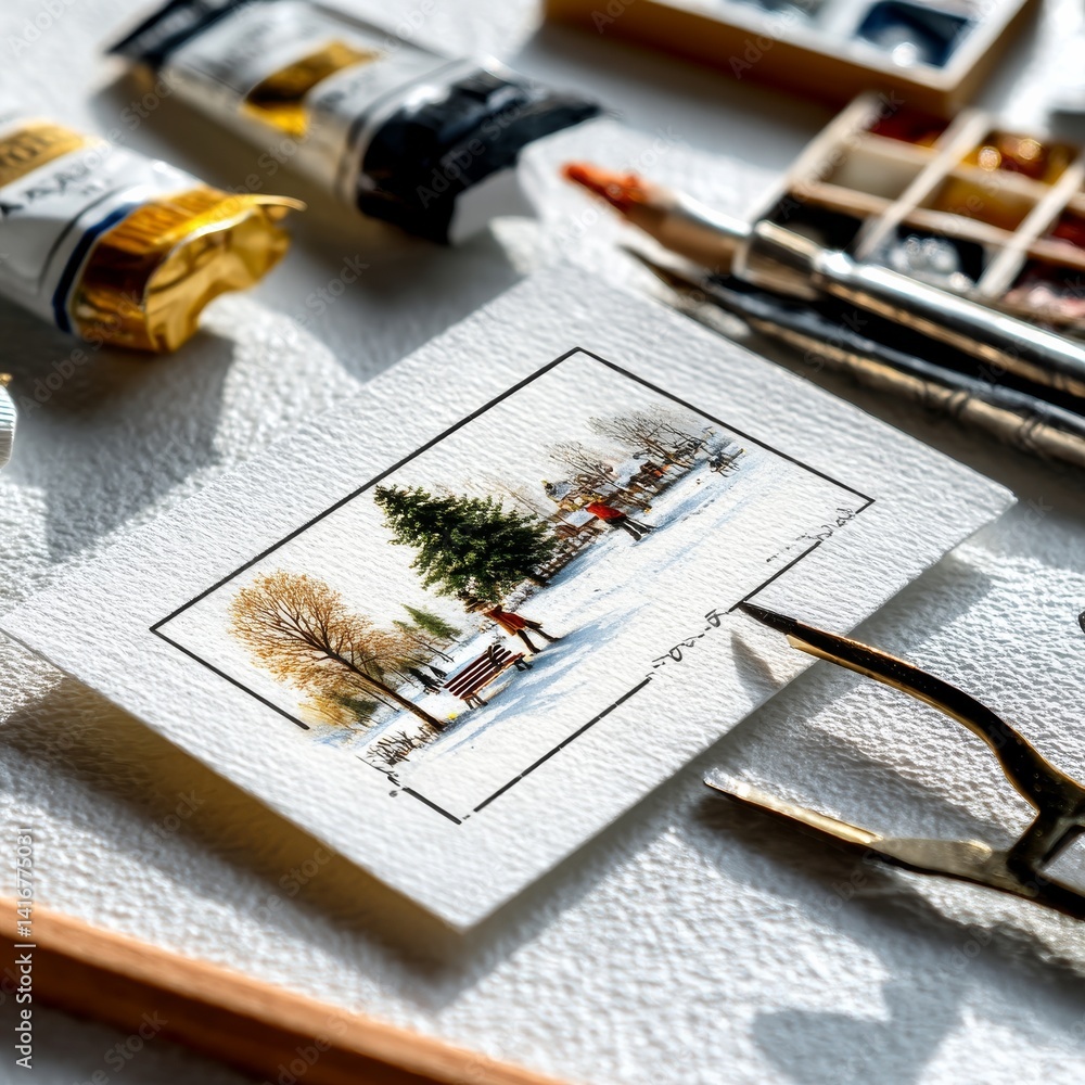 Winter's Grace: A Miniature Painting of a Snowy Park Scene with Art Supplies on a Textured Surface