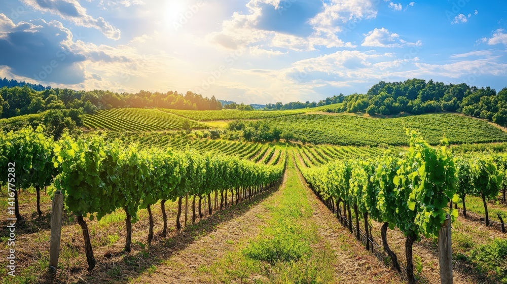 Naklejka premium Lush Green Vineyards Under a Bright Blue Sky at Sunset