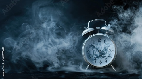Conceptual Alarm Clock Surrounded by an Ethereal Vaporous Mist Atmosphere