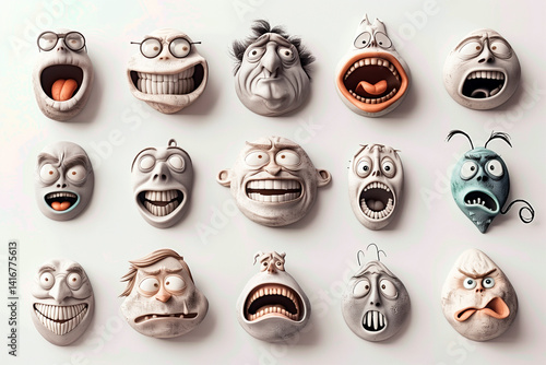 emoji series, claymation style, handcrafted clay texture, expressive faces, white studio background