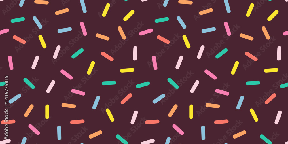 Obraz premium Sprinkle Pattern. Rainbow dotted lines on chocolate background. Small dash seamless backdrop. Vector Illustration in scandinavian style.