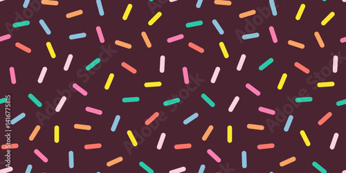 Sprinkle Pattern. Rainbow dotted lines on chocolate background. Small dash seamless backdrop. Vector Illustration in scandinavian style.