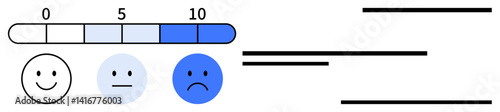 Mood assessment tool featuring numbered scale from 0 to 10 with happy, neutral, sad faces. Ideal for feedback, emotions, mental health, self-assessment, surveys evaluation and education. Flat