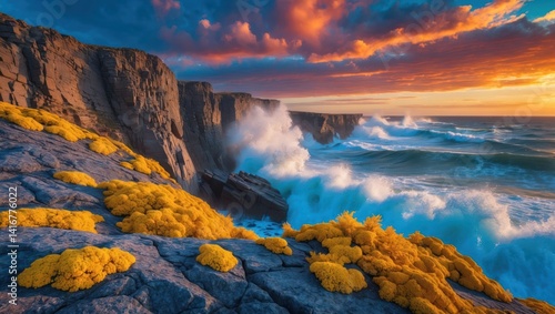 Ocean Waves Crashing Cliff at Sunset Landscape