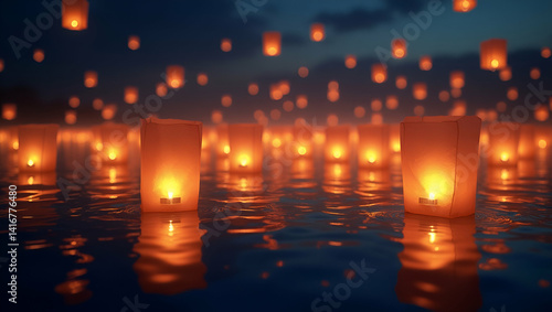 Mesmerizing display of floating lanterns ascending gracefully over tranquil waters casting enchanting glows that symbolize wishes and spiritual renewal in  Photo Stock  Concept  and empty space on the