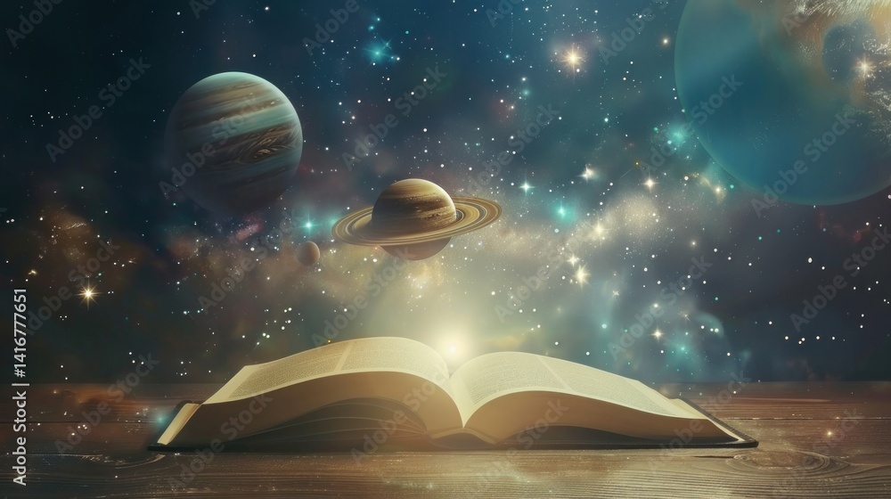 Naklejka premium Cosmic realms revealed: An open book illuminating the secrets of the universe