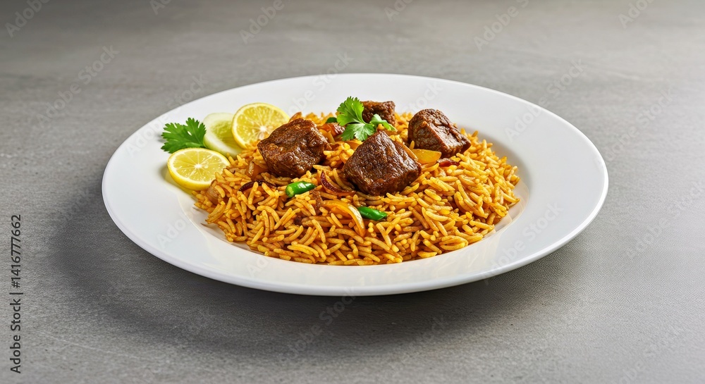 A clean and simple, minimalist presentation of traditional Beef Yakhni Pulao. Served on a pristine white plate, garnished elegantly with fresh cilantro and lemon wedges. A clean and simple, minimalist presentation of traditional Beef Yakhni Pulao. Served on a pristine white plate, garnished elegantly with fresh cilantro and lemon wedges.