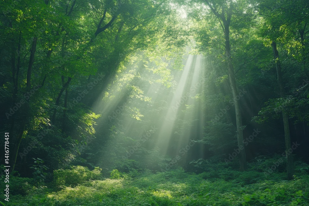 Obraz premium Sunlight filters through a lush forest canopy creating a tranquil atmosphere in the morning light