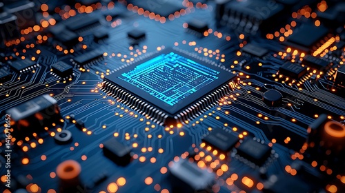 Close-up view of a computer microchip on a circuit board.
