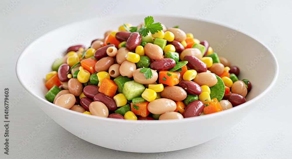 Close-up of a healthy mixed bean salad brimming with colorful legumes in a white ceramic bowl. Simple, clean food photography highlighting nutritious ingredients. Close-up of a healthy mixed bean salad brimming with colorful legumes in a white ceramic bowl. Simple, clean food photography highlighting nutritious ingredients.