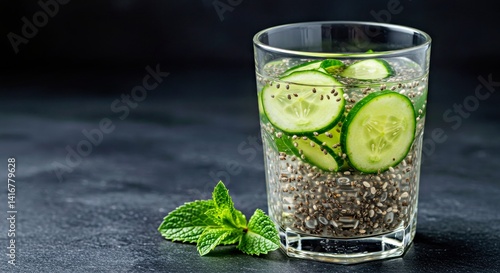 Wallpaper Mural A refreshing detox beverage: chia seed water infused with cooling cucumber slices and fresh mint leaves. Promotes hydration and wellness, healthy lifestyle concept. Torontodigital.ca