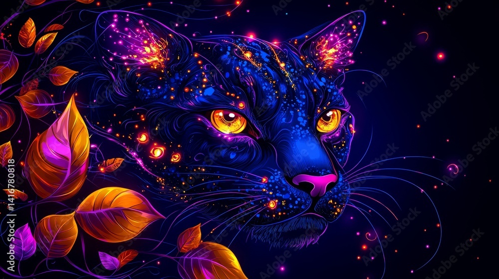 Abstract feline portrait with glowing elements in vibrant colors, reminiscent of cosmic dust and celestial bodies in a dark, mysterious realm of artistry Abstract feline portrait with glowing elements in vibrant colors, reminiscent of cosmic dust and celestial bodies in a dark, mysterious realm of artistry