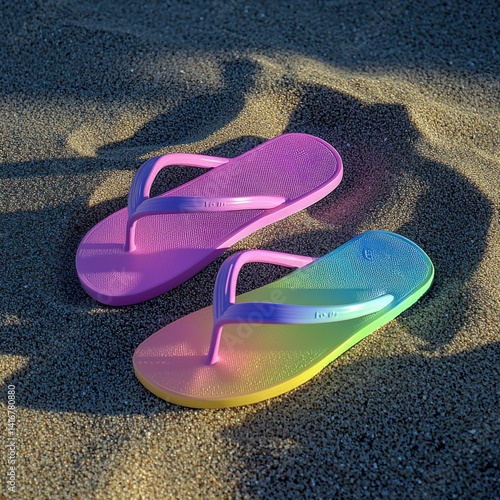 Flip-flops in sand, one pink, one rainbow, warm sunlight. Simple beach vibe