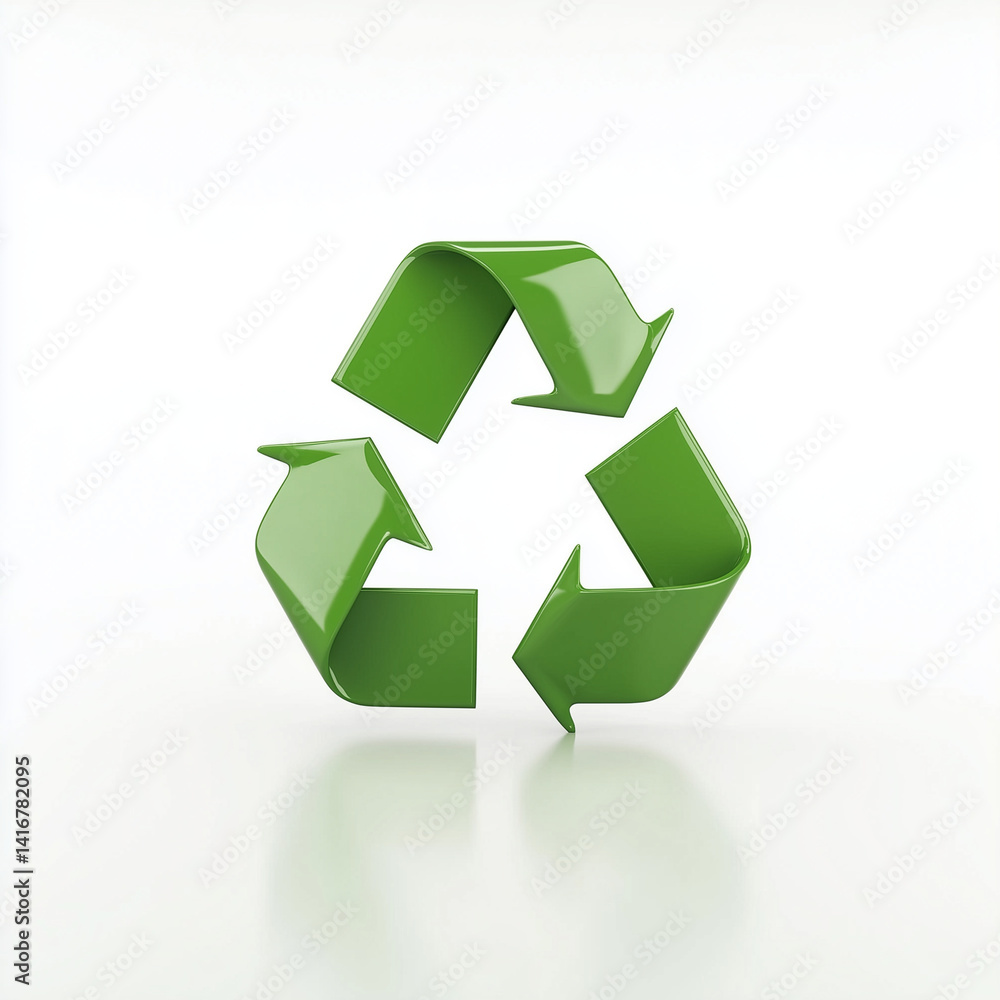 A vibrant green recycling symbol representing environmental consciousness and sustainable living, showcasing a glossy 3D design against a clean white background. A vibrant green recycling symbol representing environmental consciousness and sustainable living, showcasing a glossy 3D design against a clean white background.