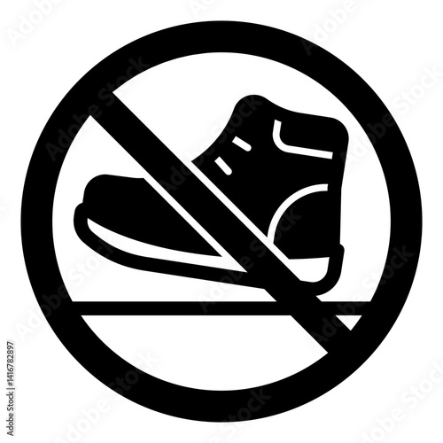 Boot on floor ban solid icon, prohibited elements concept. Vector graphics. Human footwear, shoe footprint forbidden sign on white background, glyph style mobile or design.