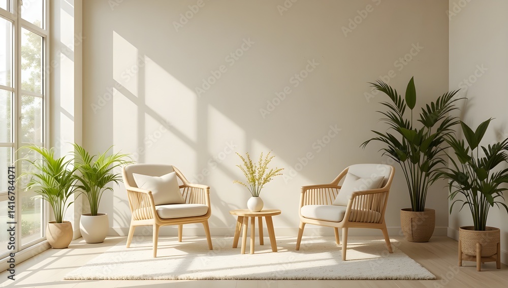 Two chairs and a table surrounded by indoor plants in a modern, minimalistic interior. Soft beige walls and natural sunlight enhance the cozy, calming atmosphere ideal for therapy. Two chairs and a table surrounded by indoor plants in a modern, minimalistic interior. Soft beige walls and natural sunlight enhance the cozy, calming atmosphere ideal for therapy.