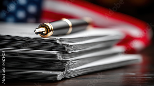Documents, pen, American flag, paperwork, writing, government