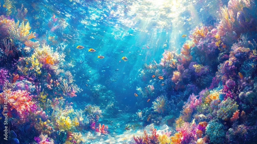 Naklejka premium A bright and colorful coral reef under the crystal-clear water, teeming with marine life.