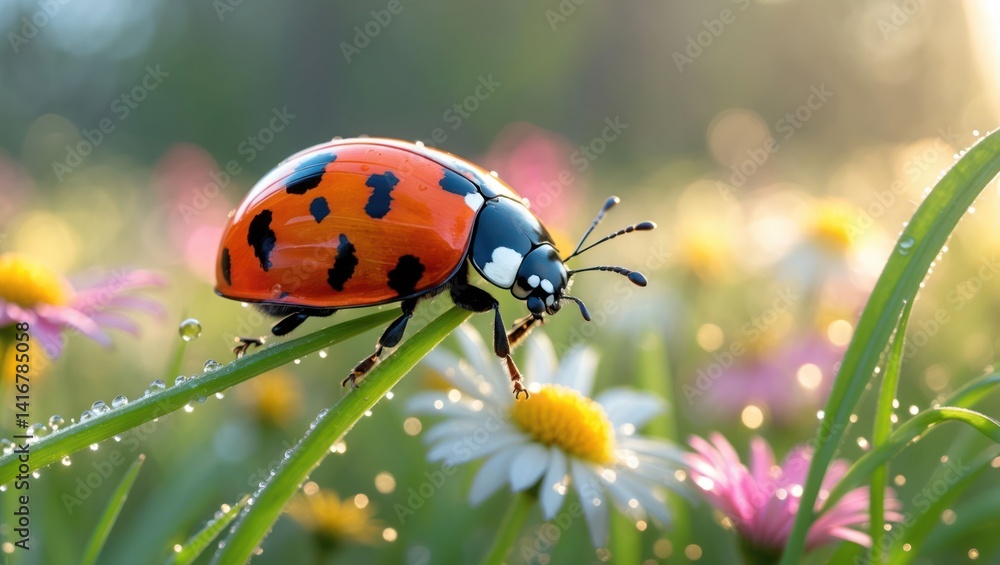 Fototapeta premium Ladybug on Dew Covered Grass and Flowers