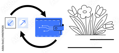 Blue digital wallet with electronic circuits, bidirectional arrows, and blooming flowers representing financial transactions, eco-investment, and growth. Ideal for fintech, savings, investment