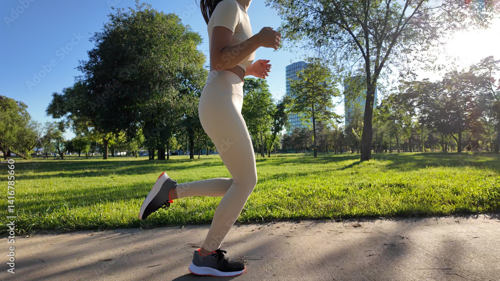 Young woman running and jogging in urban park.