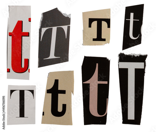 Ransom letter font T from printout magazine cutout, collage element for graphic design, png isolated on transparent background