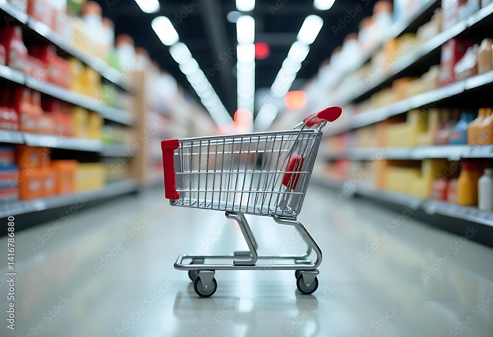 Generative AI Image: Empty Shopping Cart Awaiting Groceries on Aisle Generative AI Image: Empty Shopping Cart Awaiting Groceries on Aisle