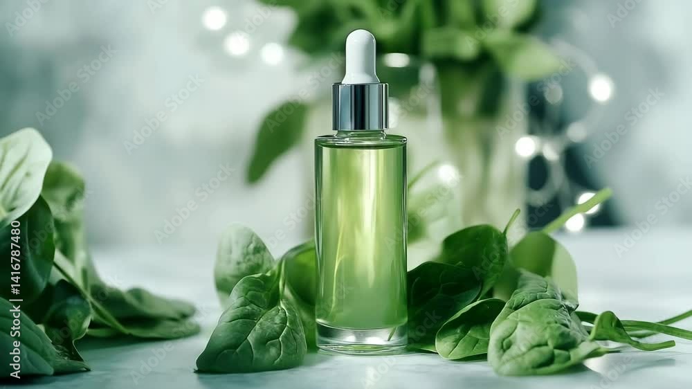 A bottle of green liquid is on a table next to some green leaves. The bottle is clear and has a silver cap. The leaves are arranged in a way that they are overlapping the bottle A bottle of green liquid is on a table next to some green leaves. The bottle is clear and has a silver cap. The leaves are arranged in a way that they are overlapping the bottle