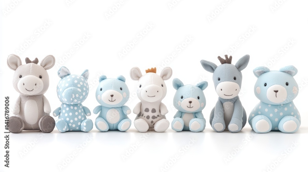 Captivating assortment of soft toy animals delightful plush animal characters in a serene arrangement for children's room decor and playful imagination Captivating assortment of soft toy animals delightful plush animal characters in a serene arrangement for children's room decor and playful imagination