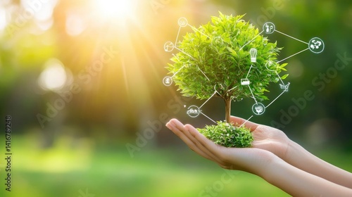 Hand holding a green tree with icons of energy sources for renewable, sustainable development. Ecology and world sustainable environment concept.