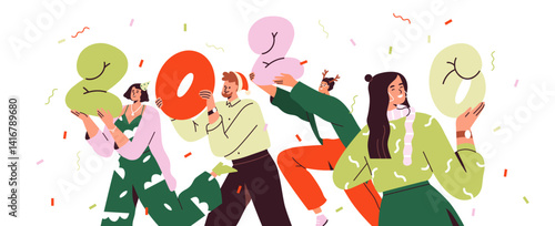 Happy 2026 New Year celebration. Joyful people group, team holding festive numbers in hands for newyear party. Men, women celebrating holiday. Flat vector illustration isolated on white background