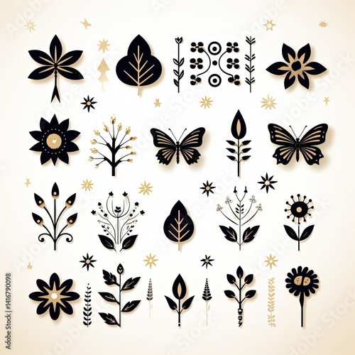 Fototapeta Naklejka Na Ścianę i Meble -  Minimalistic Spring Symbols in Solid Black Art Style