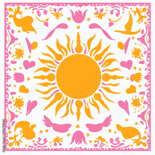 Sun and Floral Pattern: A vibrant illustration featuring a central sun motif surrounded by a cheerful arrangement of flowers, birds, and hearts, all in a pleasing palette of pink and orange.