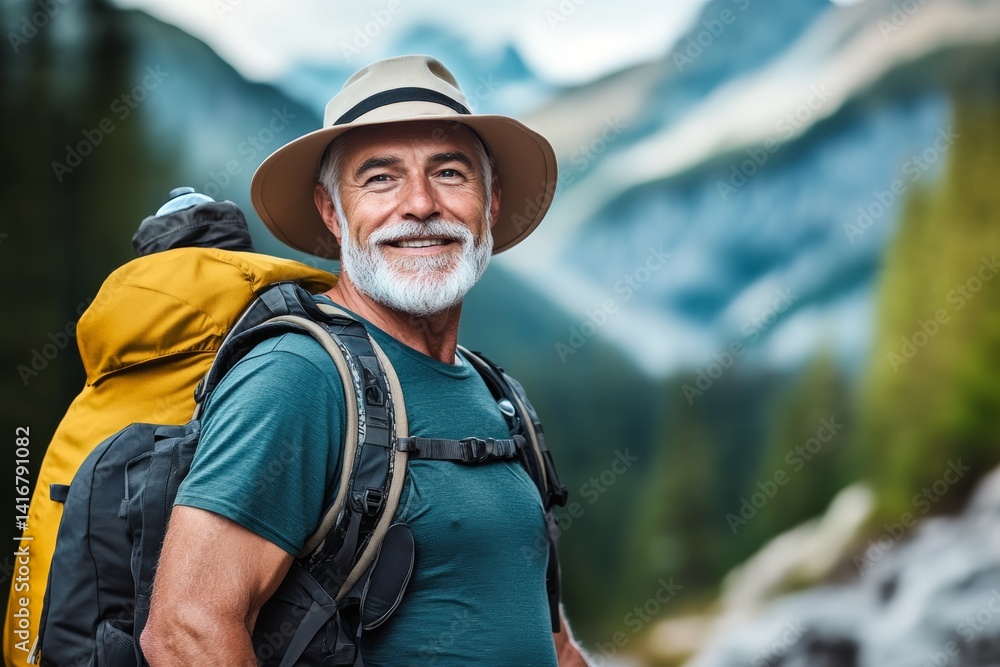 Man wearing a hat and a backpack is smiling. He is posing for a picture. The image has a happy and relaxed mood Man wearing a hat and a backpack is smiling. He is posing for a picture. The image has a happy and relaxed mood