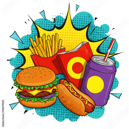 Vibrant Comic Style Fast Food Medley with Expressive Pop Art Background