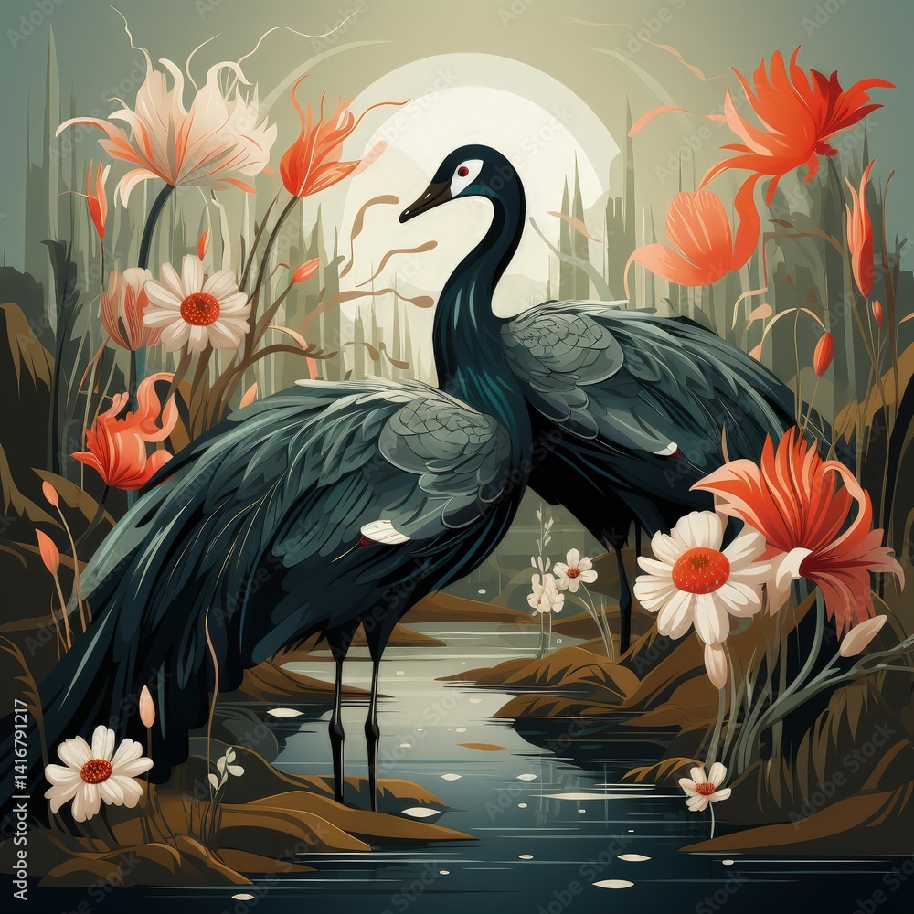 Fototapeta premium Flat Style Bird Artwork with a Moody Color Scheme