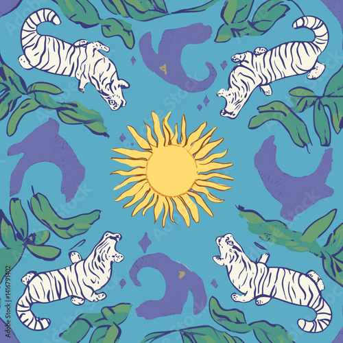 Celestial Tiger Tapestry: A vibrant, illustrative tapestry showcases four stylized tigers, radiating outward around a radiant sun and organic foliage in a seamless and artistic arrangement.