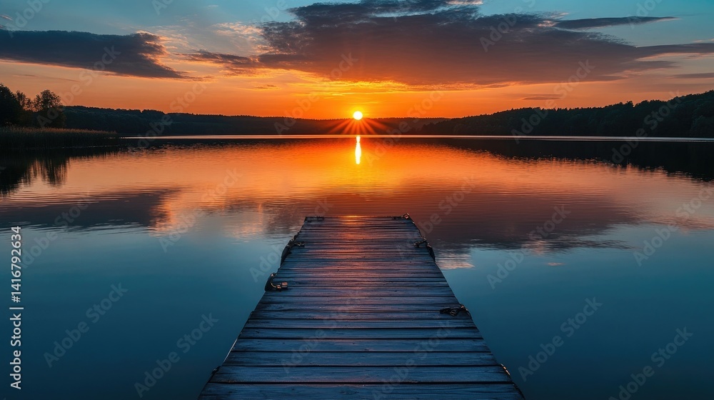 Tranquil lake sunset with dock reflections in calm waters Tranquil lake sunset with dock reflections in calm waters