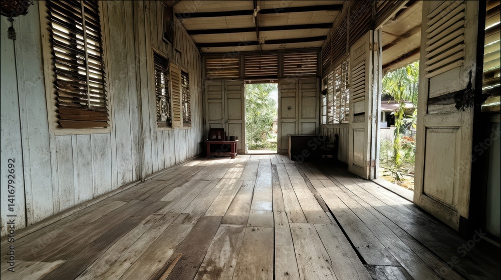 Empty interior of a weathered, Southeast Asian home. Empty interior of a weathered, Southeast Asian home.