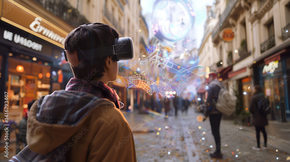 A person using a vr headset in a city street with augmented reality graphics overlaid on the scene A person using a vr headset in a city street with augmented reality graphics overlaid on the scene