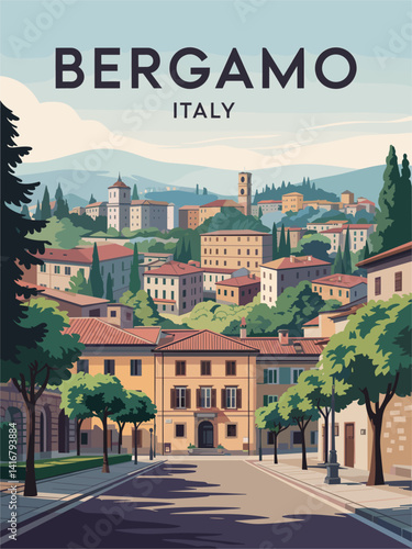 Bergamo, Italy travel destination poster in retro style. Colorful vector art illustration