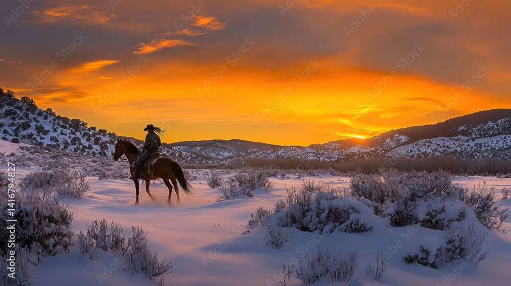 Naklejka premium Sunset Cowboy Ride in Snowy Mountains
