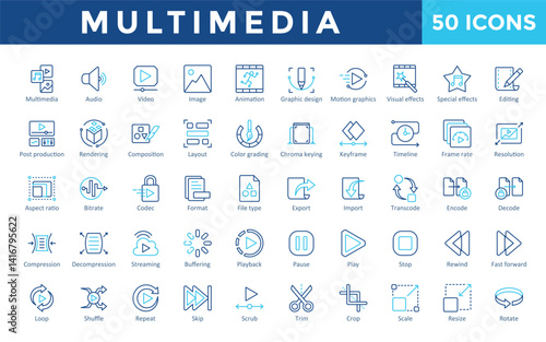 Multimedia icons set with multimedia, audio, video, image, animation, graphic design, motion graphics, visual effects, special effects, editing icon. Simple outline color vector 
