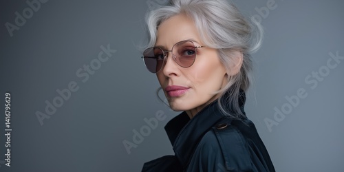 Wallpaper Mural A woman with gray hair and sunglasses is standing in front of a gray background. She is wearing a black jacket and a black shirt Torontodigital.ca