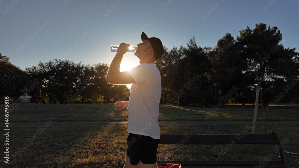 Thirsty man drinking water after jogging in a park during sunset hours.
