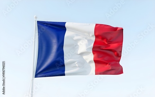 High-resolution closeup shot of France national flag isolated on white background with detailed fabric texture and realistic patriotic symbolism for design and presentation purposes

