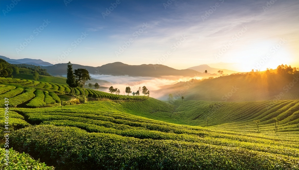 Obraz premium A peaceful tea plantation at sunrise with rolling green hills and morning mist