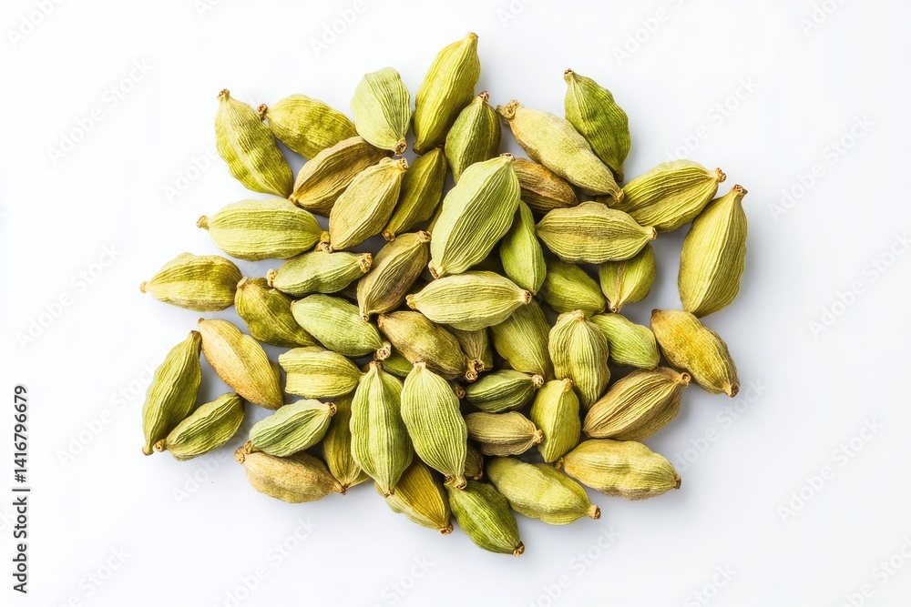 A cluster of green cardamom pods against a white background A cluster of green cardamom pods against a white background