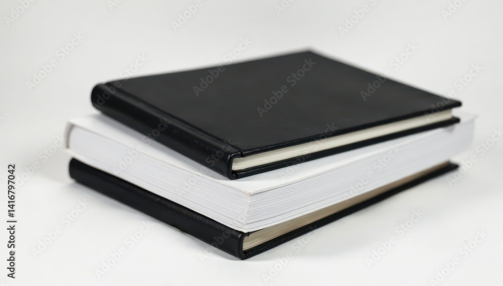 Simple black leather binding on a stack of empty white pages, standing upright as a decorative piece, desk organizer, home office essentials Simple black leather binding on a stack of empty white pages, standing upright as a decorative piece, desk organizer, home office essentials